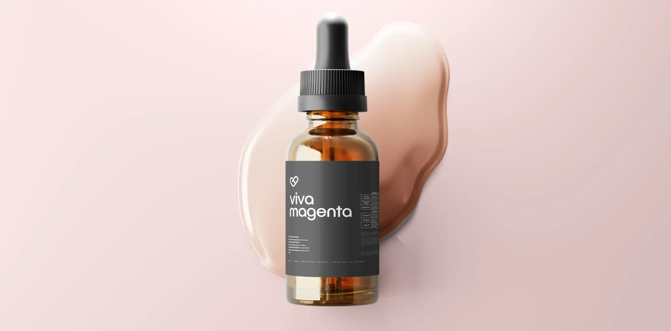 Amber dropper bottle with a black polypropylene Viva Magenta label on a pink background