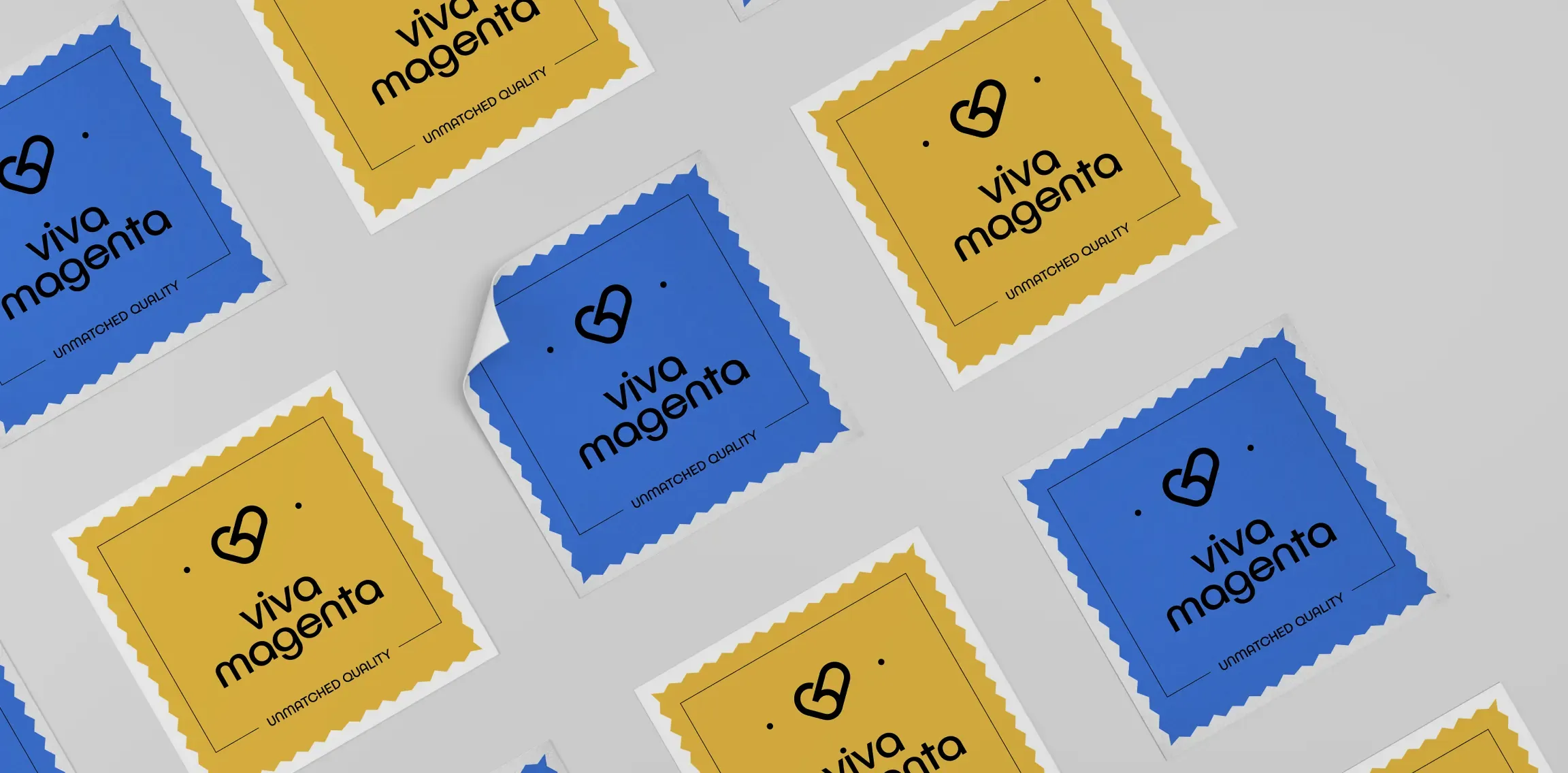 Square blue and yellow Viva Magenta labels with scalloped edges