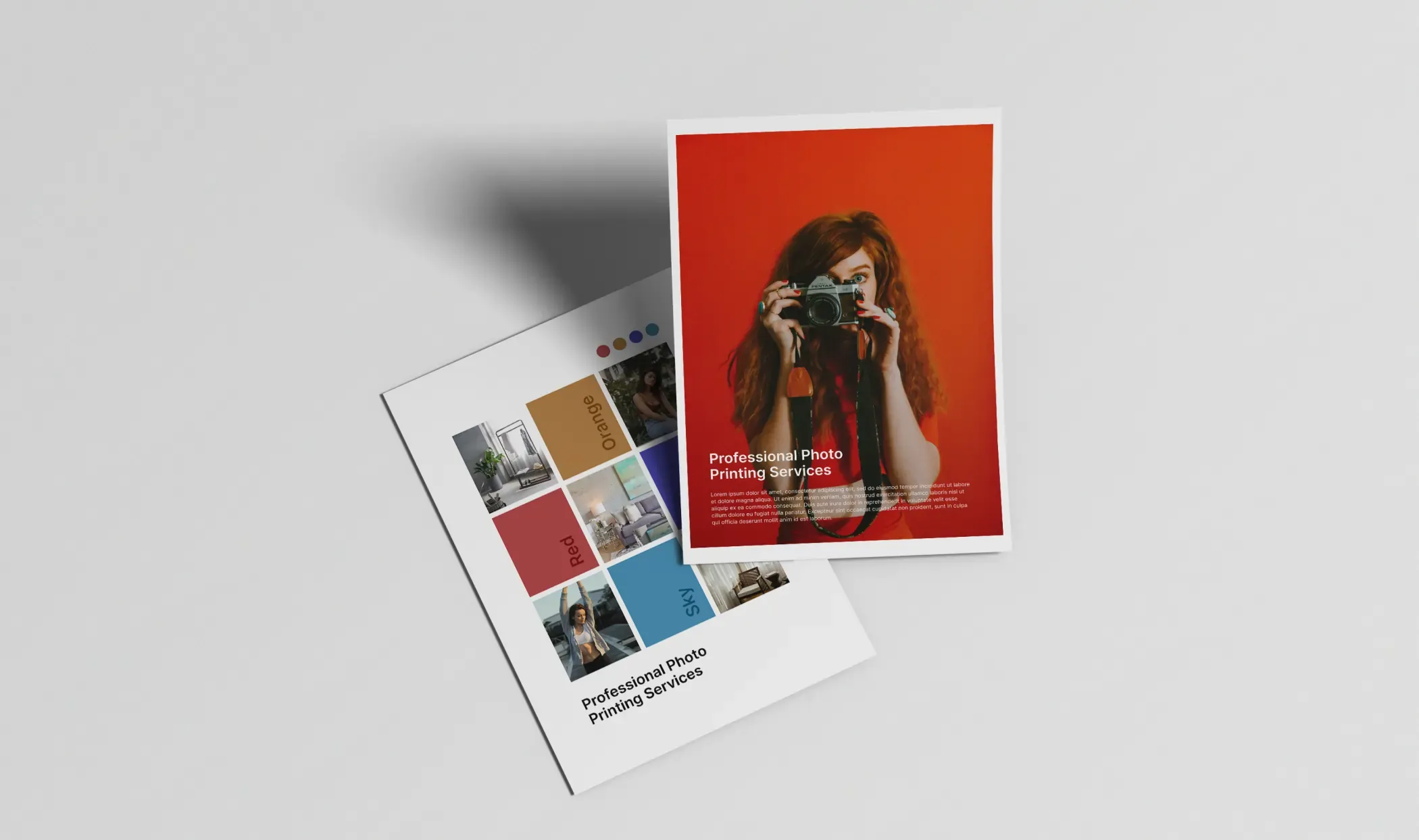 Pair of printed cards with a red photography cover