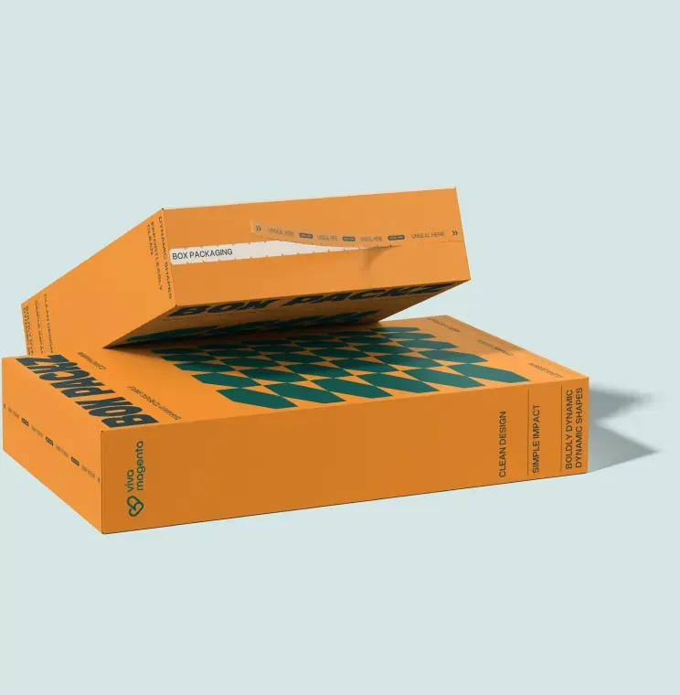Orange printed mailer boxes with a green pattern