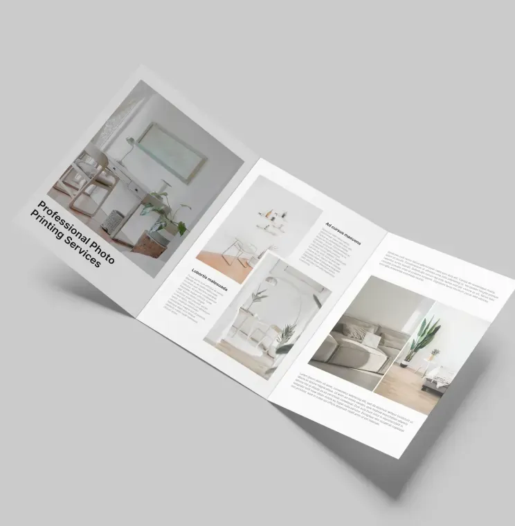 Open tri-fold leaflet printed with interior photography
