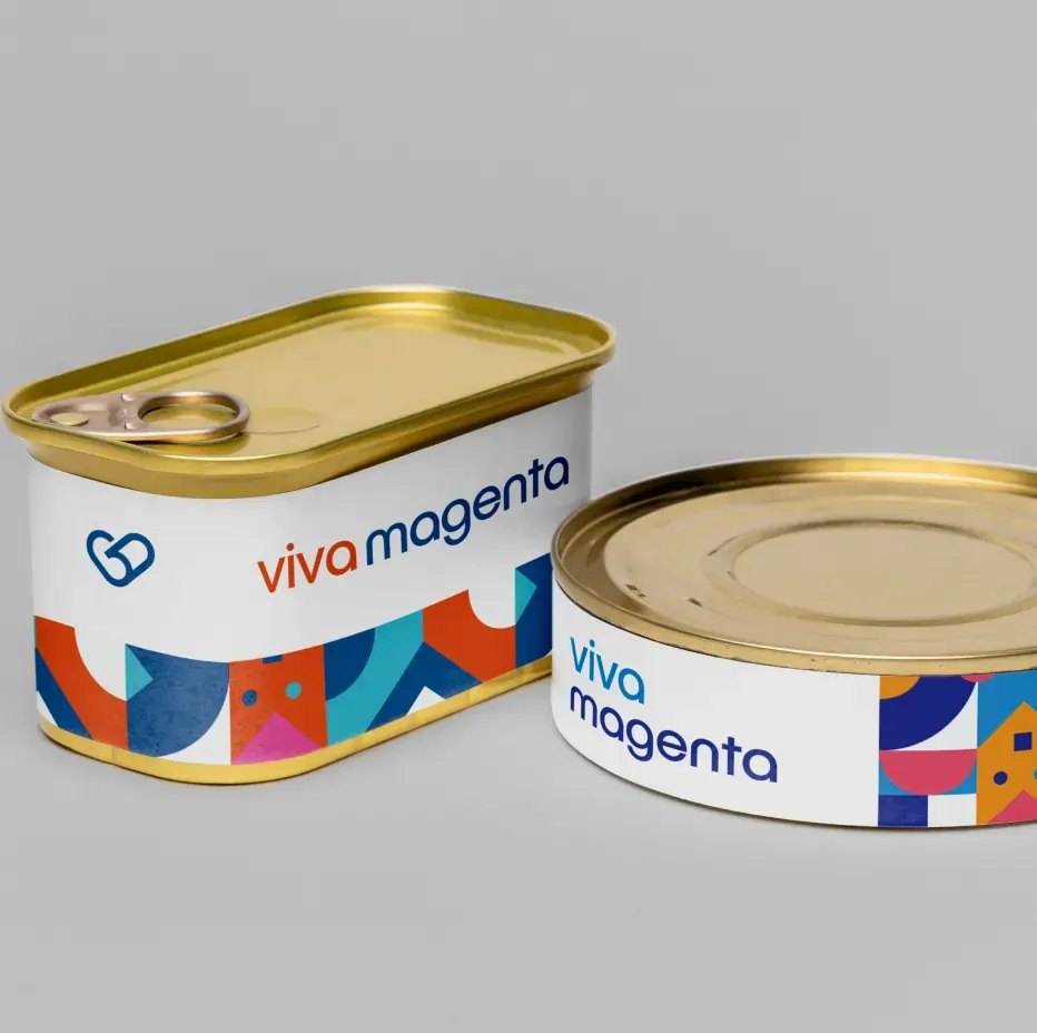 Food tins with colourful patterned Viva Magenta labels