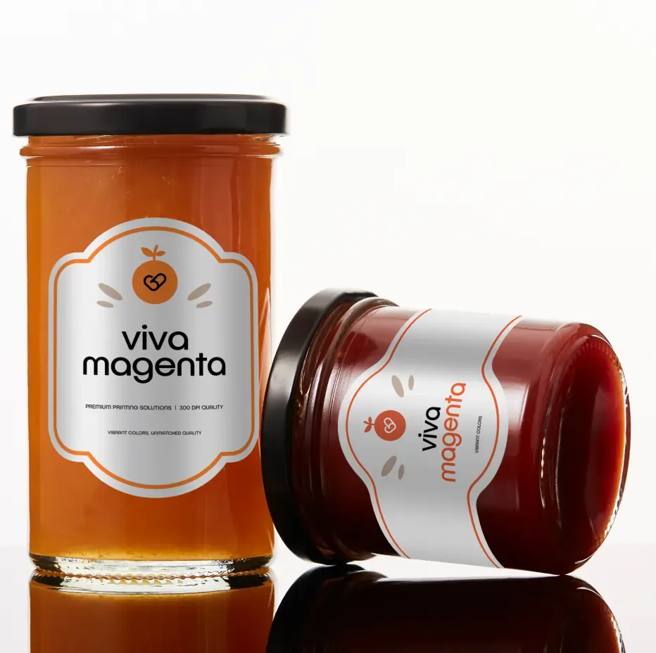 Jam jars with orange and red Viva Magenta labels