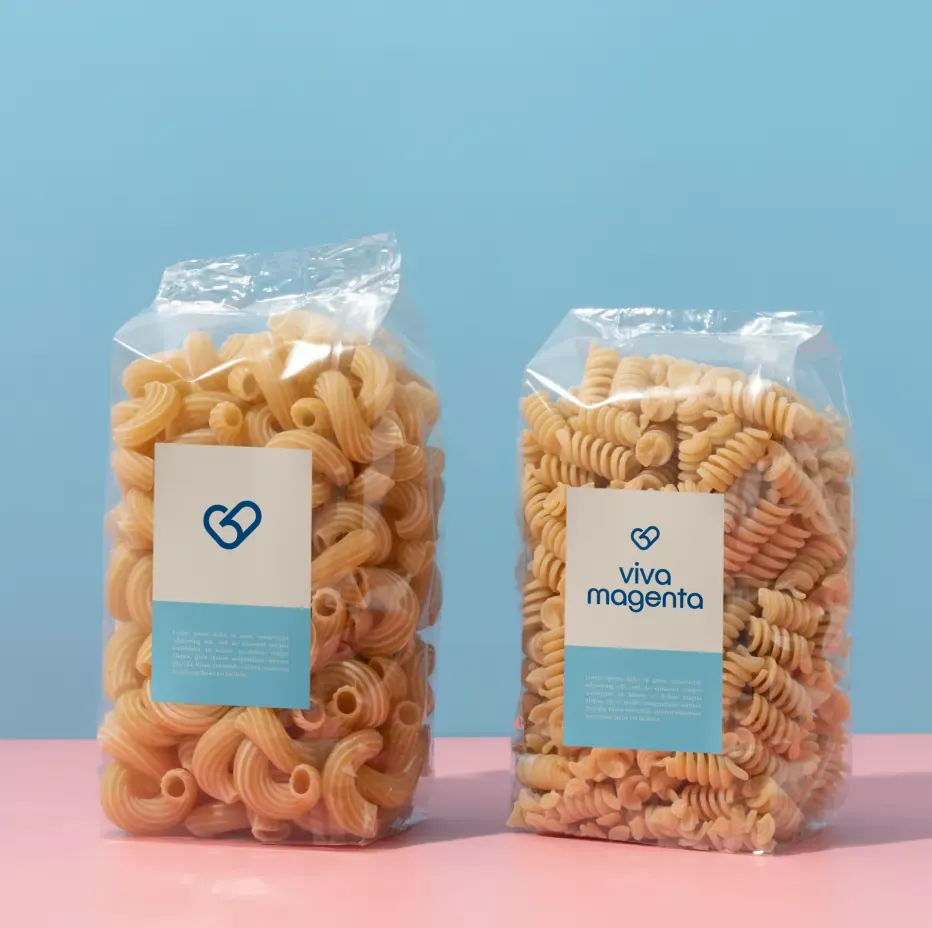 Pasta bags with blue Viva Magenta labels