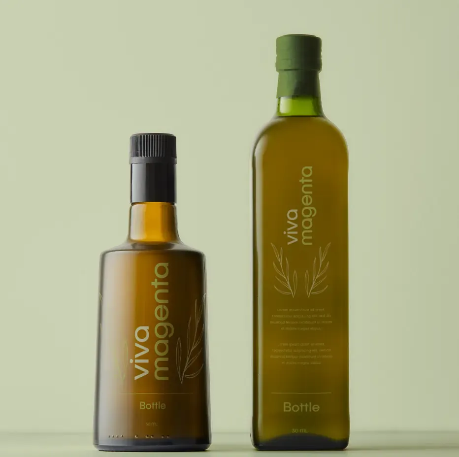 Two olive oil bottles with vertical Viva Magenta labels