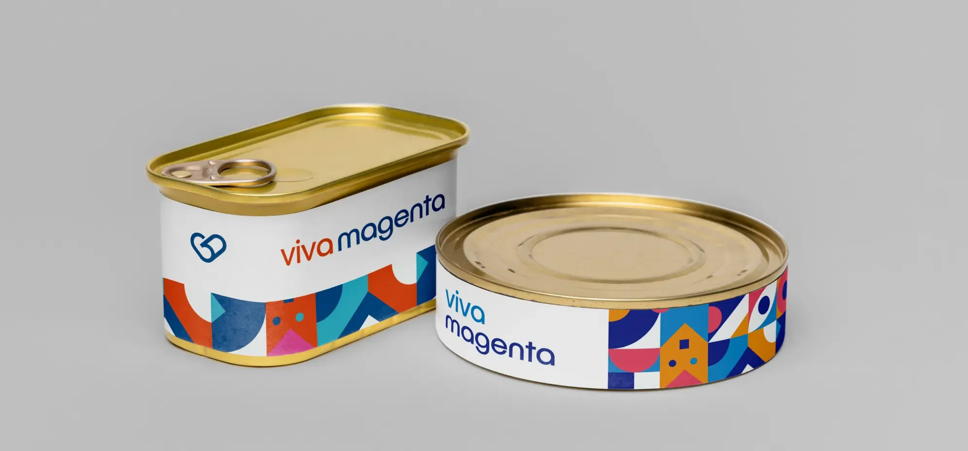 Food tins with colourful patterned Viva Magenta labels