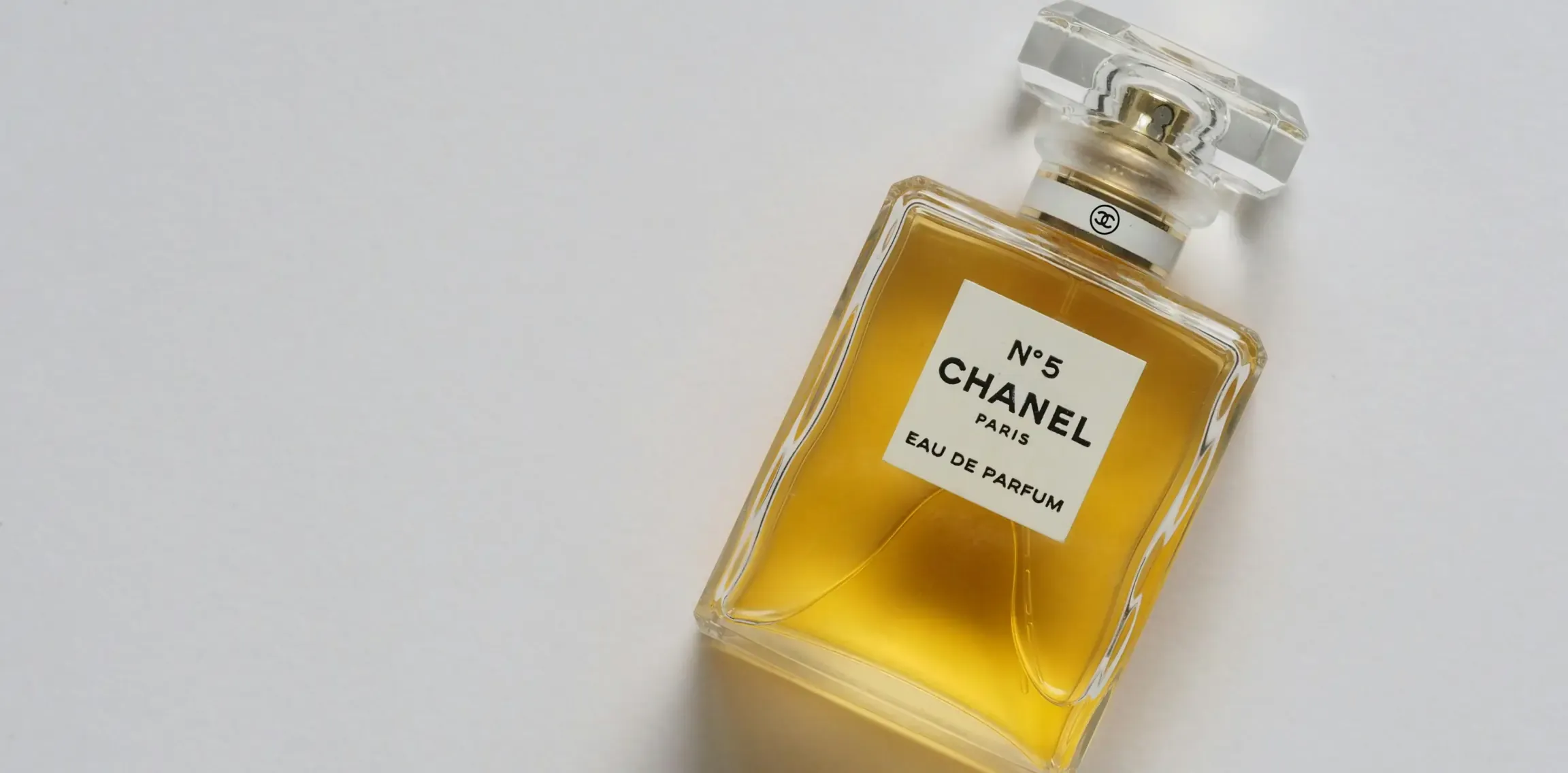 Classic perfume bottle with a printed gold front label