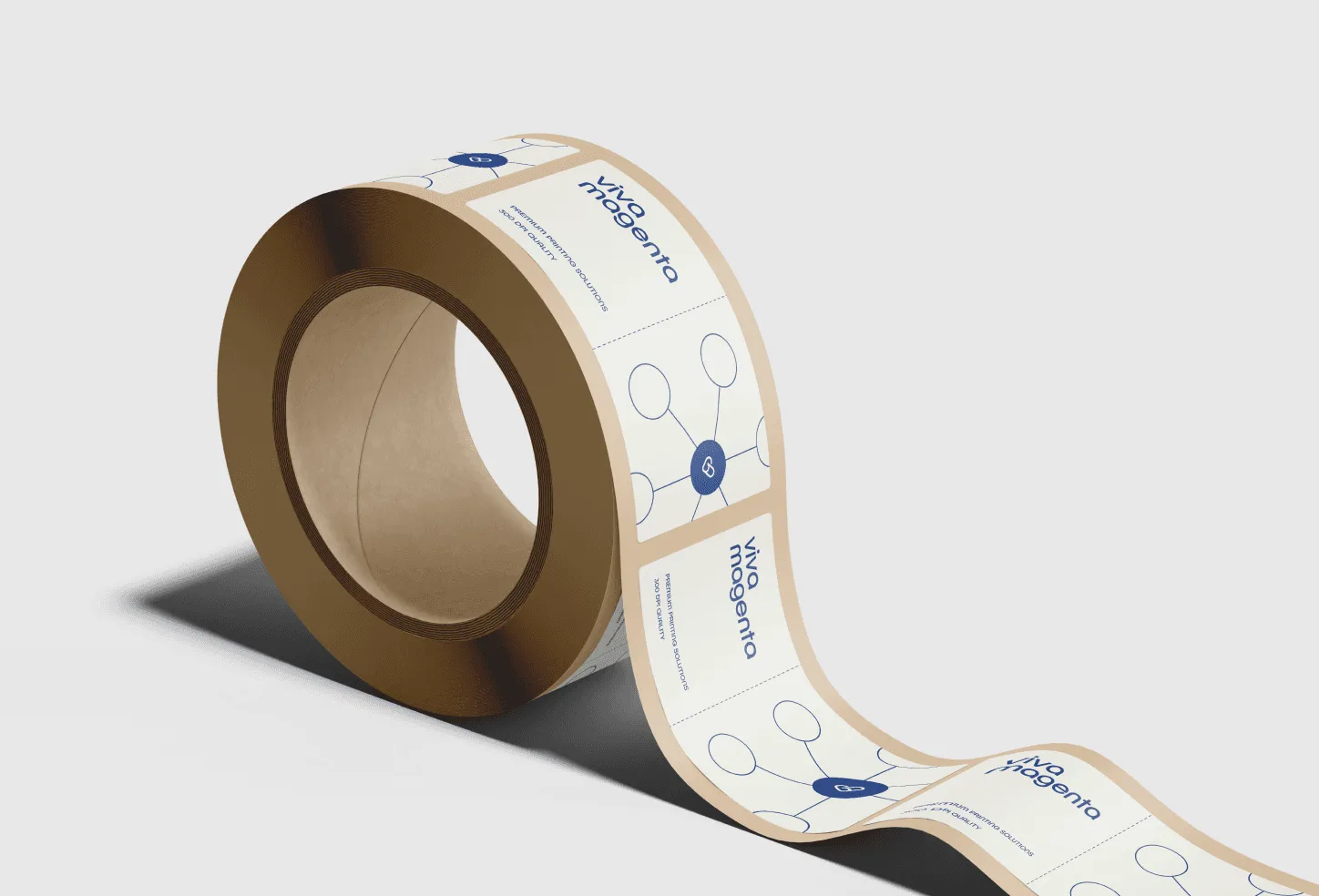 Roll of cream labels printed with a blue Viva Magenta design