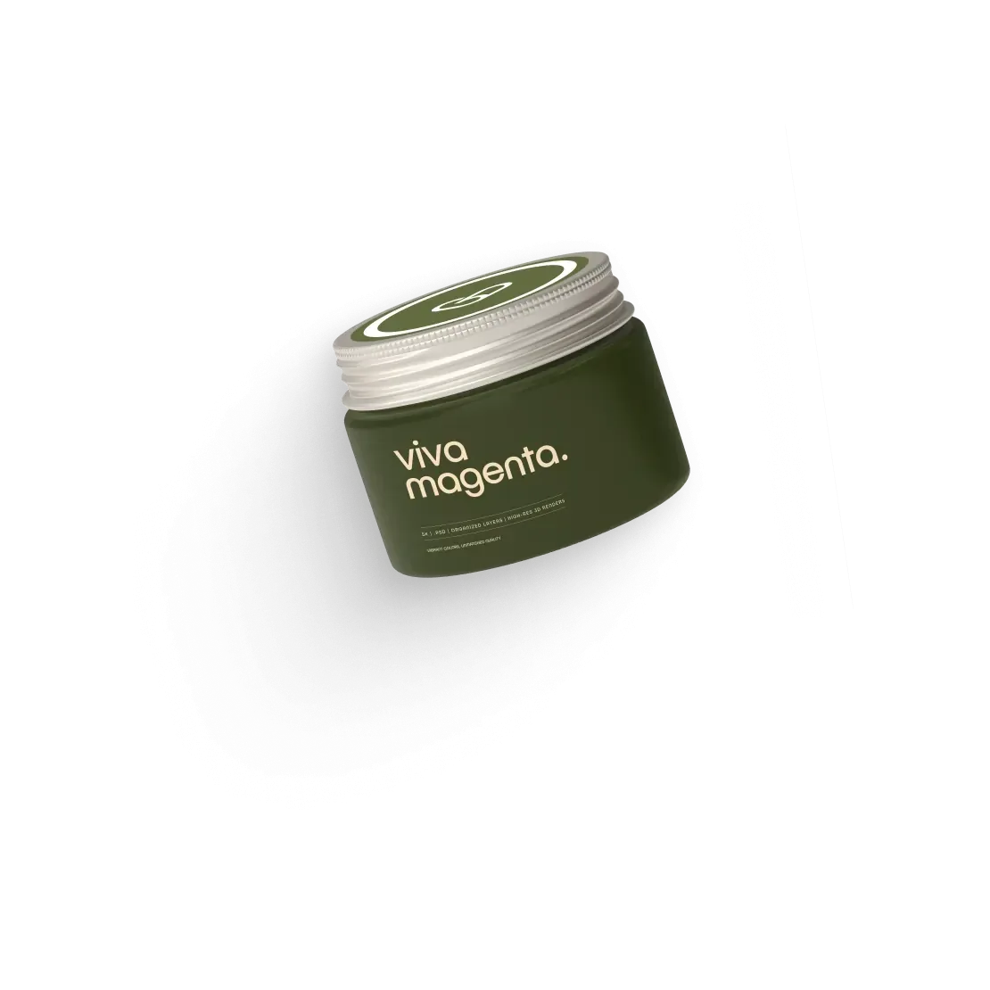 Olive-green cosmetic jar with a Viva Magenta label