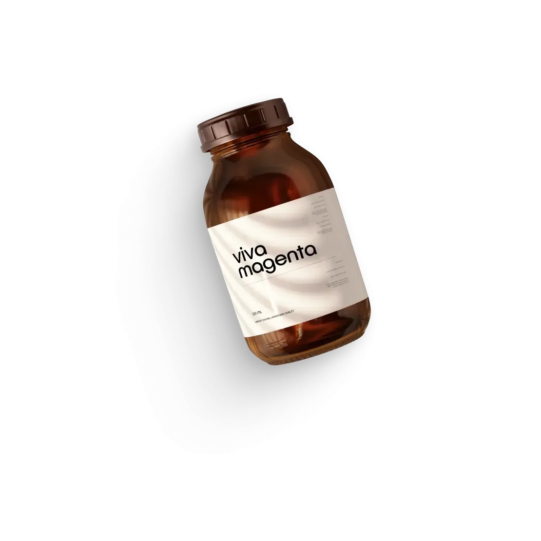 Amber glass jar with a white Viva Magenta label