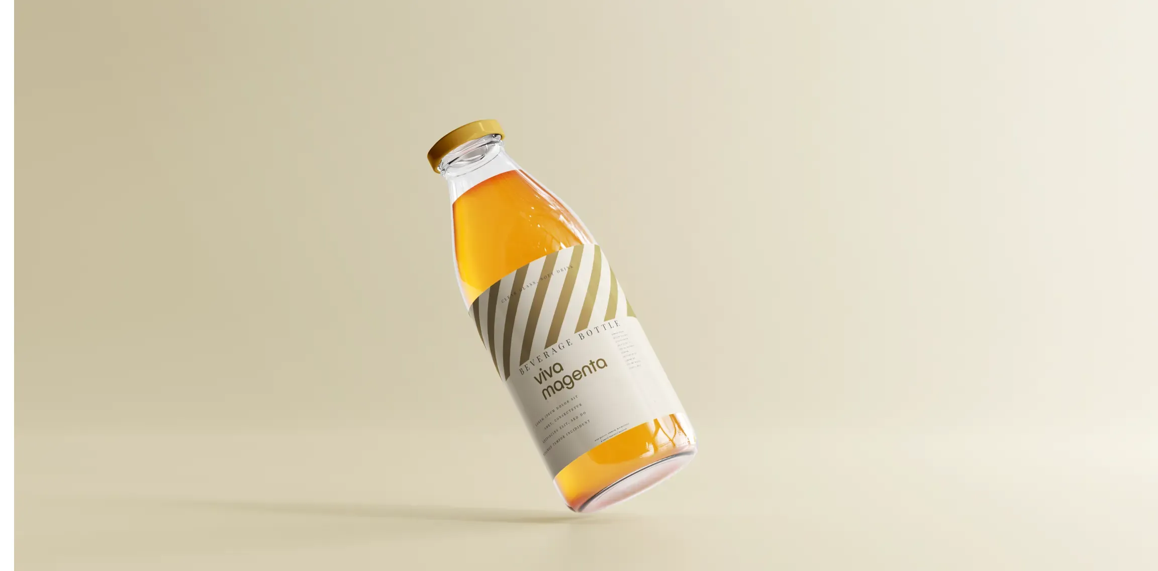 Juice bottle with a striped polypropylene label on a beige background