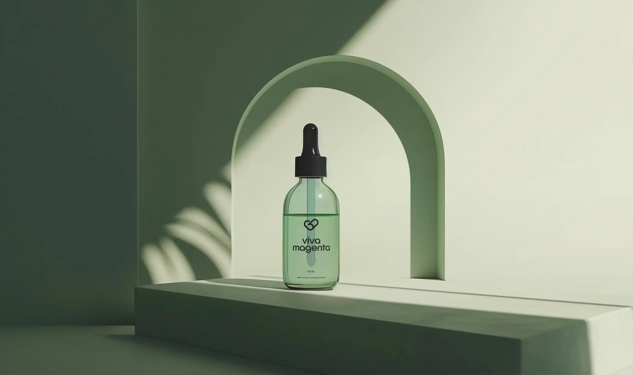 Green glass dropper bottle with a Viva Magenta label in an arched alcove