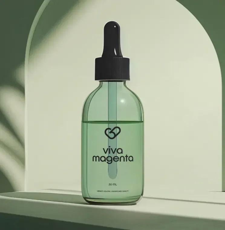 Green dropper bottle with a transparent Viva Magenta label